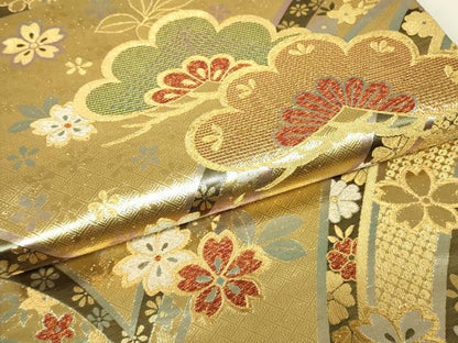 平和屋着物▼佐賀錦　六通柄袋帯　花松文　金糸　正絹　逸品　DABK4297az