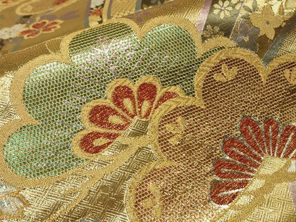 平和屋着物▼佐賀錦　六通柄袋帯　花松文　金糸　正絹　逸品　DABK4297az