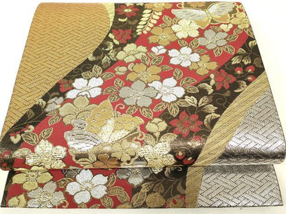 平和屋着物▼六通柄袋帯　舞蝶花文　金銀糸　正絹　逸品　DABK4300az
