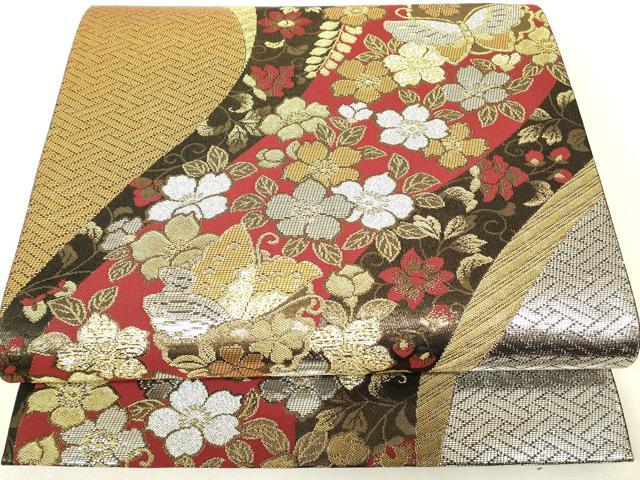 平和屋着物▼六通柄袋帯　舞蝶花文　金銀糸　正絹　逸品　DABK4300az