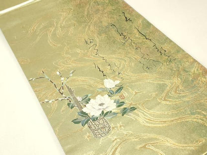 平和屋着物▼六通柄袋帯　詩歌　花籠文　小野小町　金糸　引箔　正絹　逸品　DABK4319az