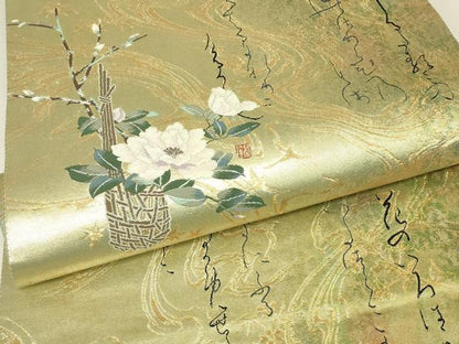 平和屋着物▼六通柄袋帯　詩歌　花籠文　小野小町　金糸　引箔　正絹　逸品　DABK4319az