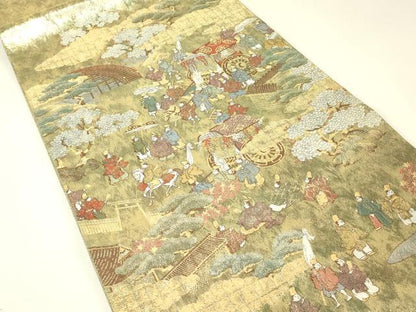 平和屋着物▼六通柄袋帯　御所車人物花文　金糸　引箔　正絹　逸品　DABK4322az
