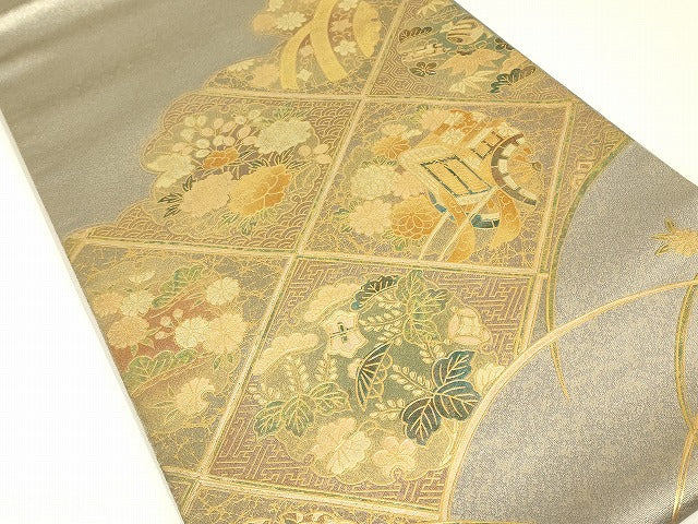 平和屋着物▼太鼓柄袋帯　御所車天井花文　金彩　正絹　逸品　DABK4334az