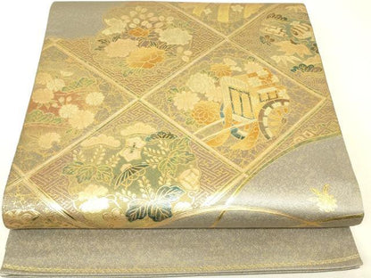 平和屋着物▼太鼓柄袋帯　御所車天井花文　金彩　正絹　逸品　DABK4334az