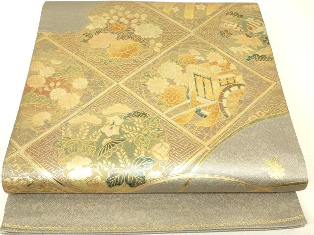 平和屋着物▼太鼓柄袋帯　御所車天井花文　金彩　正絹　逸品　DABK4334az