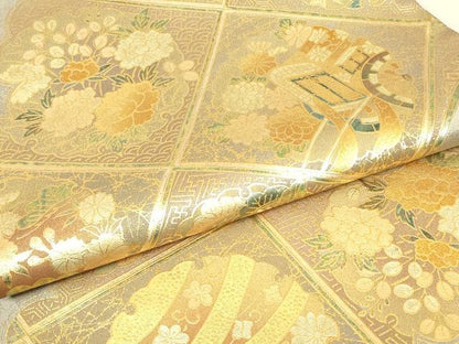 平和屋着物▼太鼓柄袋帯　御所車天井花文　金彩　正絹　逸品　DABK4334az