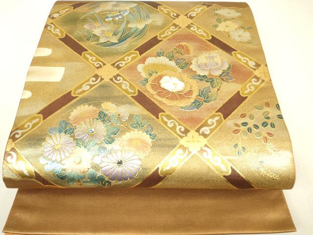 平和屋着物▼太鼓柄袋帯　螺鈿　天井花文　金彩　正絹　逸品　DABK4345az