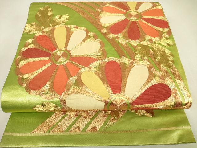 平和屋着物▼丸帯　駒刺繍　総刺繍　菊文　金糸　正絹　逸品　DABK4352az