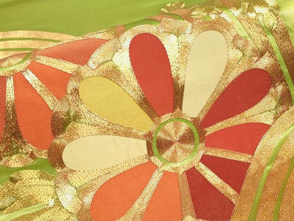 平和屋着物▼丸帯　駒刺繍　総刺繍　菊文　金糸　正絹　逸品　DABK4352az