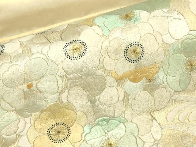 平和屋着物▼総刺繍　太鼓柄袋帯　駒刺繍　吉祥花尽くし　金糸　正絹　逸品　DABK4356az