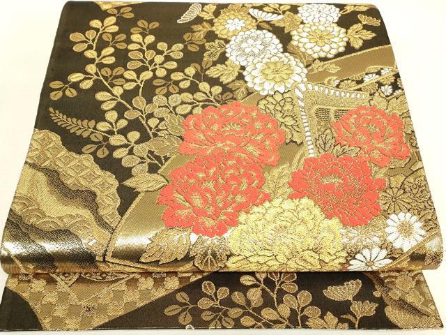 平和屋着物▼丸帯　御所車牡丹文　金糸　正絹　逸品　DABK4363az