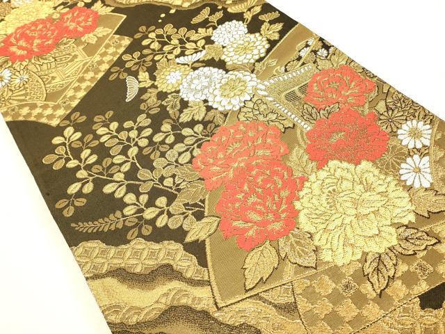 平和屋着物▼丸帯　御所車牡丹文　金糸　正絹　逸品　DABK4363az