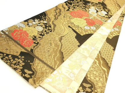 平和屋着物▼丸帯　御所車牡丹文　金糸　正絹　逸品　DABK4363az