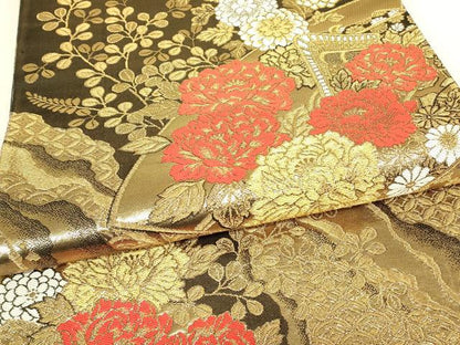 平和屋着物▼丸帯　御所車牡丹文　金糸　正絹　逸品　DABK4363az