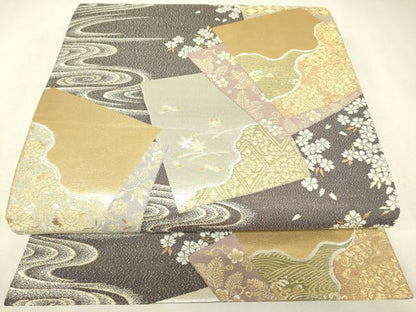 平和屋着物▼六通柄袋帯　重色紙更紗文　金糸　正絹　逸品　DABK4366az