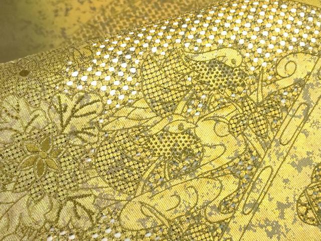 平和屋着物▼中国三大刺繍　スワトウ刺繍　汕頭刺繍　太鼓柄袋帯　引箔九百錦　本塗箔　鴛鴦扇面花文　正絹　逸品　DABK4373az