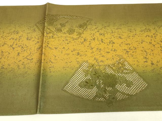 平和屋着物▼中国三大刺繍　スワトウ刺繍　汕頭刺繍　太鼓柄袋帯　引箔九百錦　本塗箔　鴛鴦扇面花文　正絹　逸品　DABK4373az