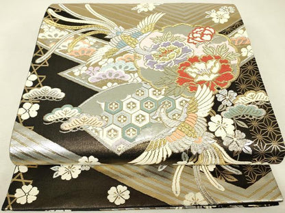 平和屋着物▼六通柄袋帯　鳳凰吉祥花文　黒地　金銀糸　正絹　逸品　DABK4382az