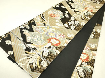 平和屋着物▼六通柄袋帯　鳳凰吉祥花文　黒地　金銀糸　正絹　逸品　DABK4382az