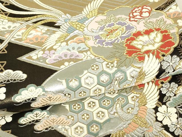 平和屋着物▼六通柄袋帯　鳳凰吉祥花文　黒地　金銀糸　正絹　逸品　DABK4382az