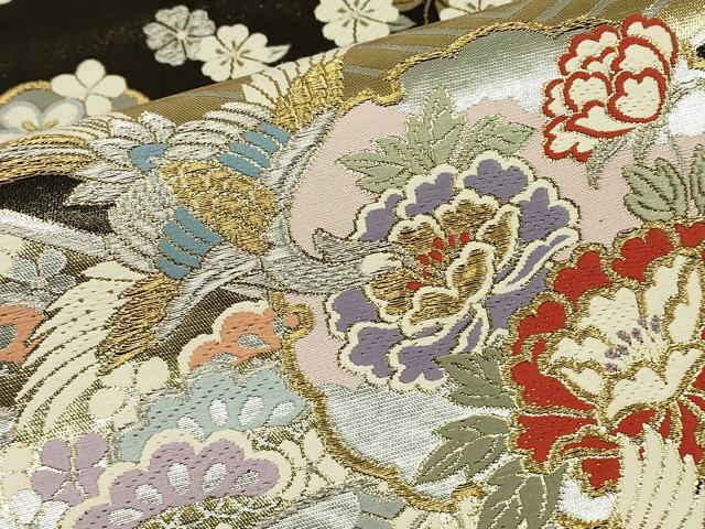 平和屋着物▼六通柄袋帯　鳳凰吉祥花文　黒地　金銀糸　正絹　逸品　DABK4382az