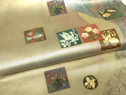 平和屋着物▼漆工芸作家　金森一博　六通柄袋帯　色紙花鳥文　金彩　引箔　正絹　逸品　DABK4394az
