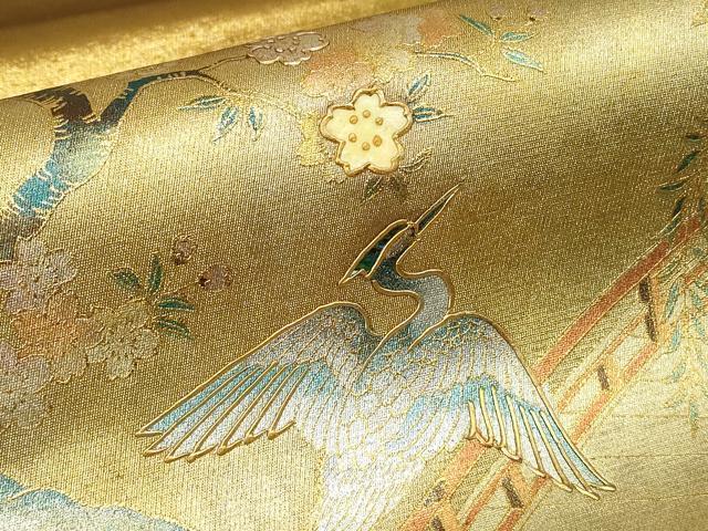 平和屋着物▼太鼓柄袋帯　螺鈿　渡り橋花鳥文　金彩　正絹　逸品　DABK4395az
