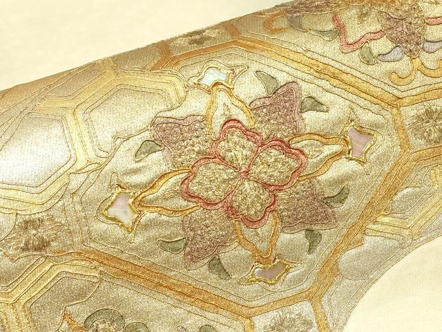 平和屋着物▼中国三大刺繍　スワトウ刺繍　汕頭刺繍　太鼓柄袋帯　螺鈿　駒刺繍　正倉院地紙花文　金彩　正絹　逸品　DABK4419az