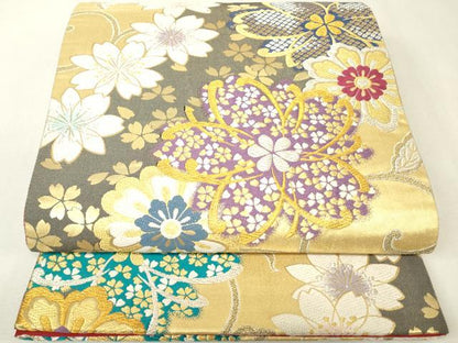 平和屋着物▼六通柄袋帯　唐織　正倉院舞桜文　金銀糸　正絹　逸品　DABK4423az