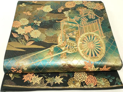 平和屋着物▼六通柄袋帯　御所車花文　黒地　金糸　正絹　逸品　DABK4442az