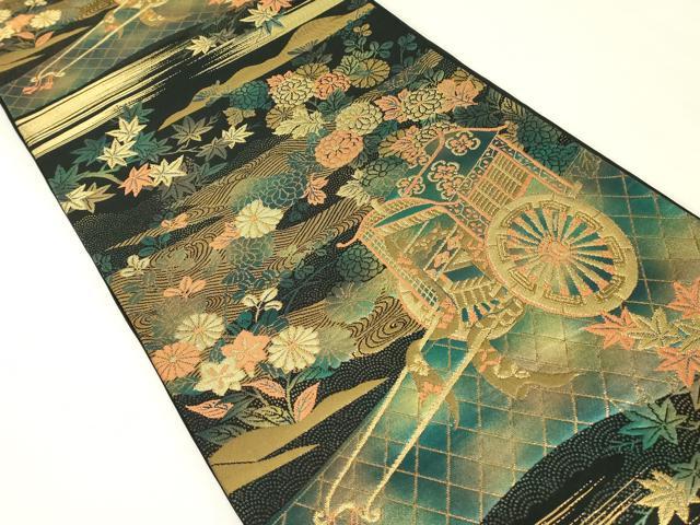 平和屋着物▼六通柄袋帯　御所車花文　黒地　金糸　正絹　逸品　DABK4442az