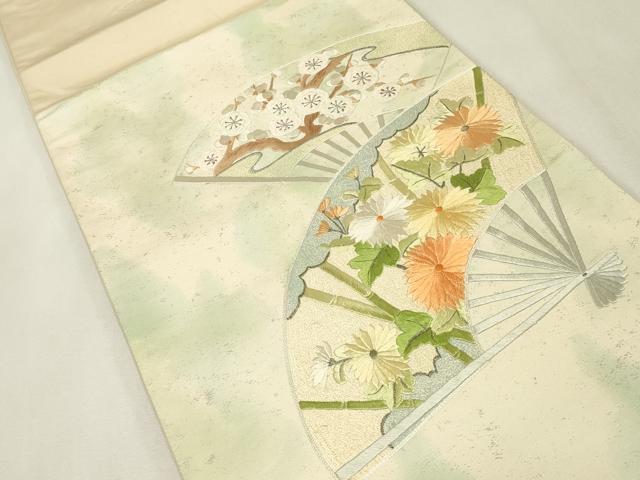 平和屋着物▼総刺繍　太鼓柄袋帯　扇面吉祥花文　銀糸　正絹　逸品　DABK4446az