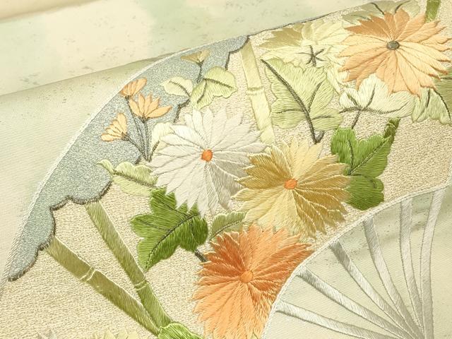 平和屋着物▼総刺繍　太鼓柄袋帯　扇面吉祥花文　銀糸　正絹　逸品　DABK4446az