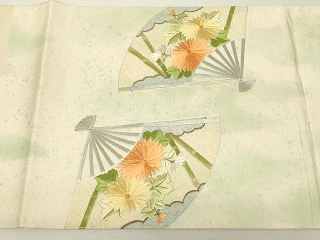 平和屋着物▼総刺繍　太鼓柄袋帯　扇面吉祥花文　銀糸　正絹　逸品　DABK4446az