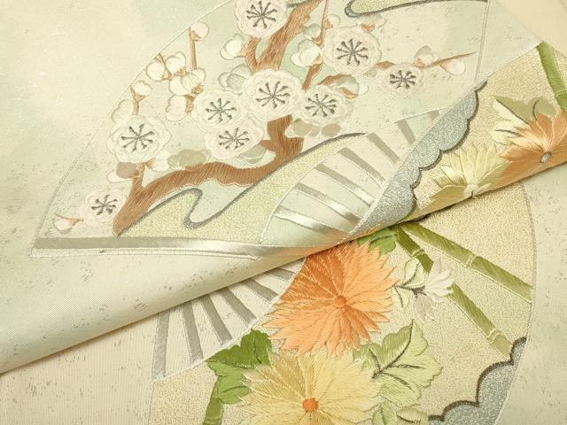 平和屋着物▼総刺繍　太鼓柄袋帯　扇面吉祥花文　銀糸　正絹　逸品　DABK4446az