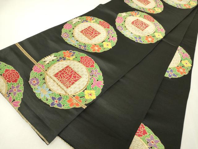 平和屋着物▼六通柄袋帯　花絵皿文　黒地　金糸　正絹　逸品　DABK4451az