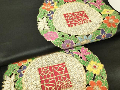平和屋着物▼六通柄袋帯　花絵皿文　黒地　金糸　正絹　逸品　DABK4451az