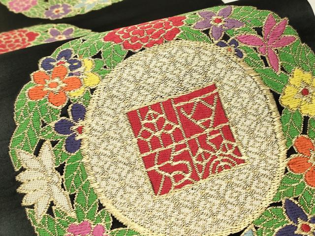 平和屋着物▼六通柄袋帯　花絵皿文　黒地　金糸　正絹　逸品　DABK4451az