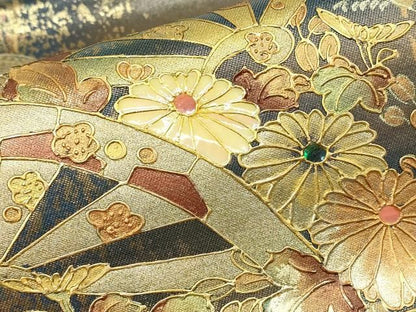 平和屋着物▼太鼓柄袋帯　作家物　螺鈿　片輪車花文　金彩　正絹　逸品　DABK4474az