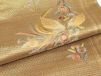 平和屋着物▼ひなや工房　くむ・あむ・おる　伊豆蔵明彦　組織　両面　太鼓柄袋帯　総刺繍　花鳥文　金糸　正絹　逸品　DABK4475az