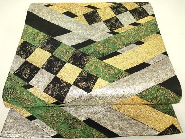 平和屋着物▼六通柄袋帯　変わり市松　黒地　金糸　正絹　逸品　DABK4506az