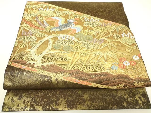 平和屋着物▼六通柄袋帯　鳳凰流水笹竹文　金糸　引箔　正絹　逸品　DABK4507az