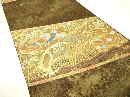 平和屋着物▼六通柄袋帯　鳳凰流水笹竹文　金糸　引箔　正絹　逸品　DABK4507az