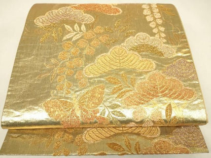 平和屋着物▼六通柄袋帯　舞蝶花松文　金糸　正絹　逸品　DABK4509az