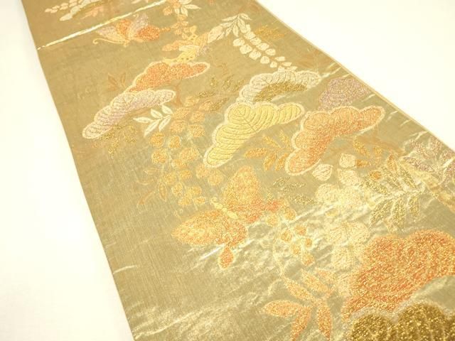 平和屋着物▼六通柄袋帯　舞蝶花松文　金糸　正絹　逸品　DABK4509az