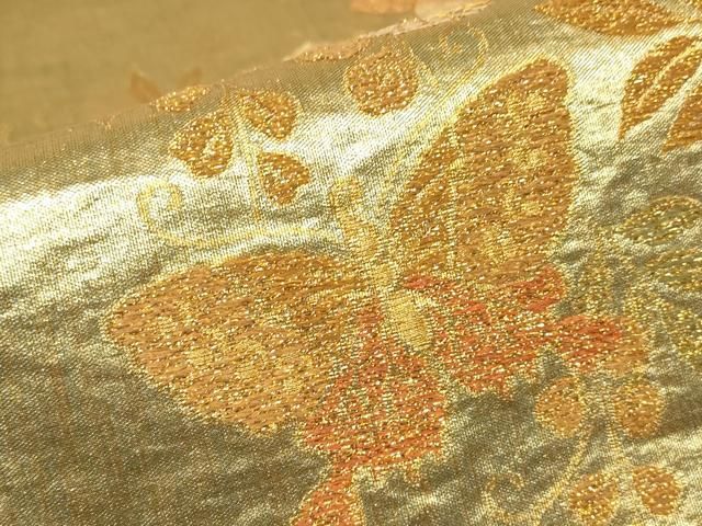 平和屋着物▼六通柄袋帯　舞蝶花松文　金糸　正絹　逸品　DABK4509az