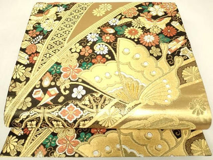 平和屋着物▼六通柄袋帯　舞蝶宝尽くし花文　金糸　正絹　逸品　DABK4511az