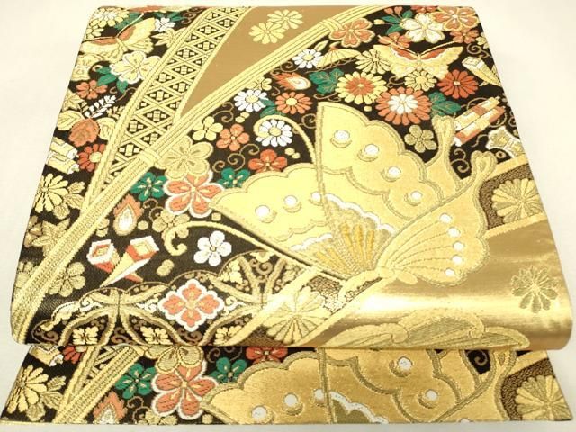 平和屋着物▼六通柄袋帯　舞蝶宝尽くし花文　金糸　正絹　逸品　DABK4511az
