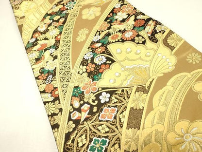 平和屋着物▼六通柄袋帯　舞蝶宝尽くし花文　金糸　正絹　逸品　DABK4511az